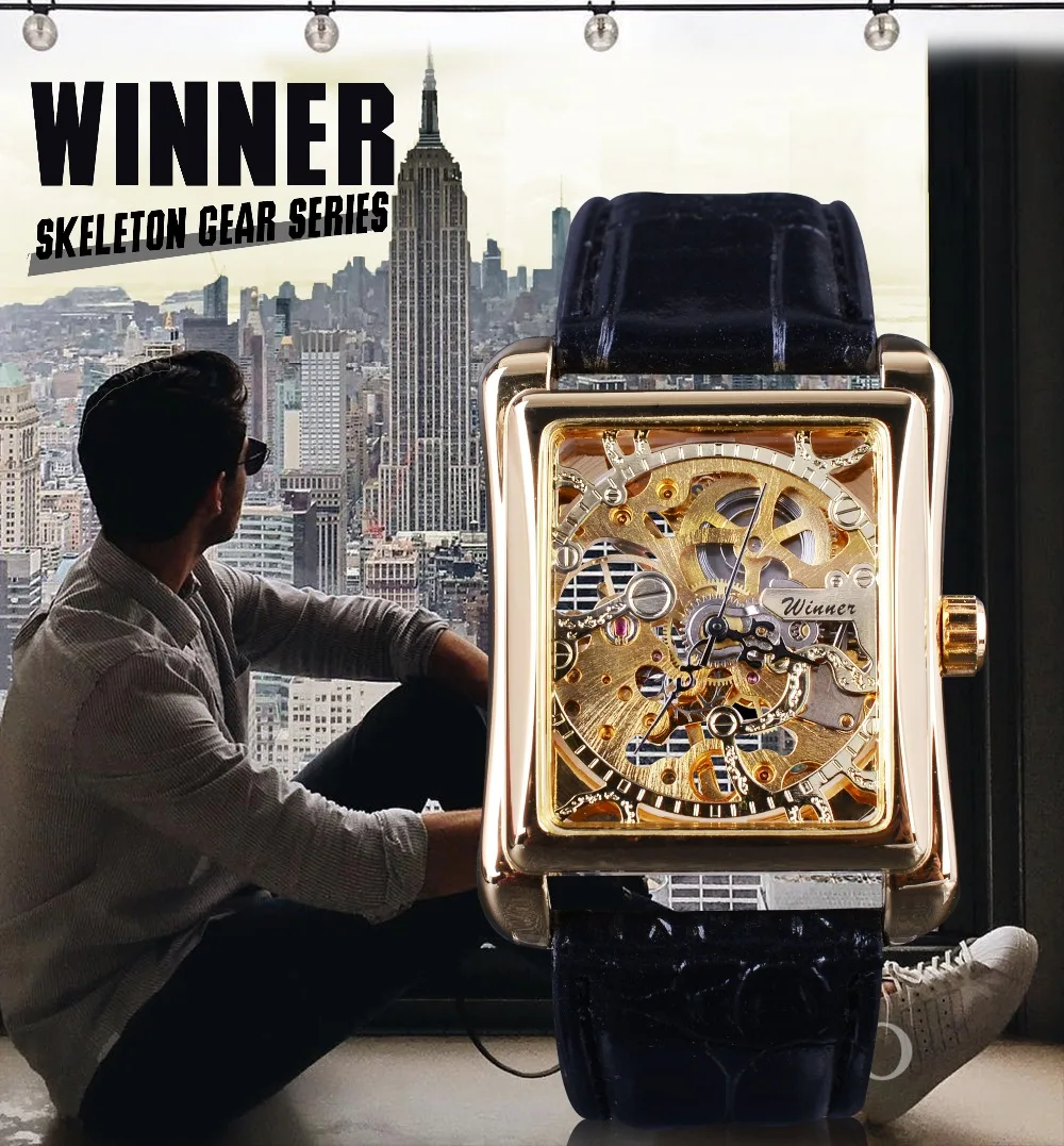 Cheap Winner 2017 Retro Casual Series Rectangle Dial Design Golden Pattern Hollow Skeleton Watch Men Watch Top Brand Luxury Mechanical