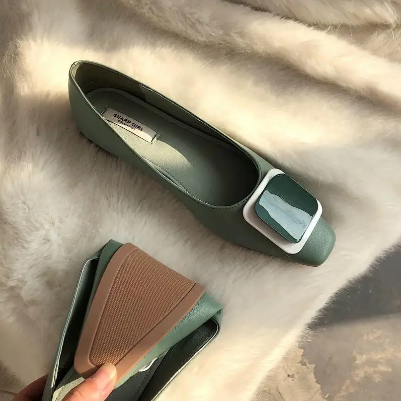 Femmes Couleur Tête Métal Mujer 2019 Ballet En Zapatos Carrée kaki Glissement Pu Appartements vert Printemps Plat Bonbons Sport Boucle De Nouveau Chaussures Apricot Sur Tw4qtY64
