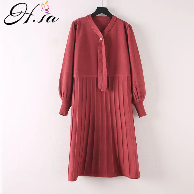 

HSA Winter Fashion Women Dress Knit Pleated Sweater Dresses 2018 Knee Length Fall Party Long Pullover and Jumper Winter Clothes