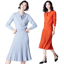 2019 Autumn Winter Knitted 2 Pieces Sets Pullover Long Lantern Sleeve Peals Sweater Pleated Skirt Suit Women Two Piece Set New 2019 Autumn Winter Knitted 2 Pieces Sets Pullover Long Lantern Sleeve Peals Sweater Pleated Skirt Suit Women Two Piece Set New