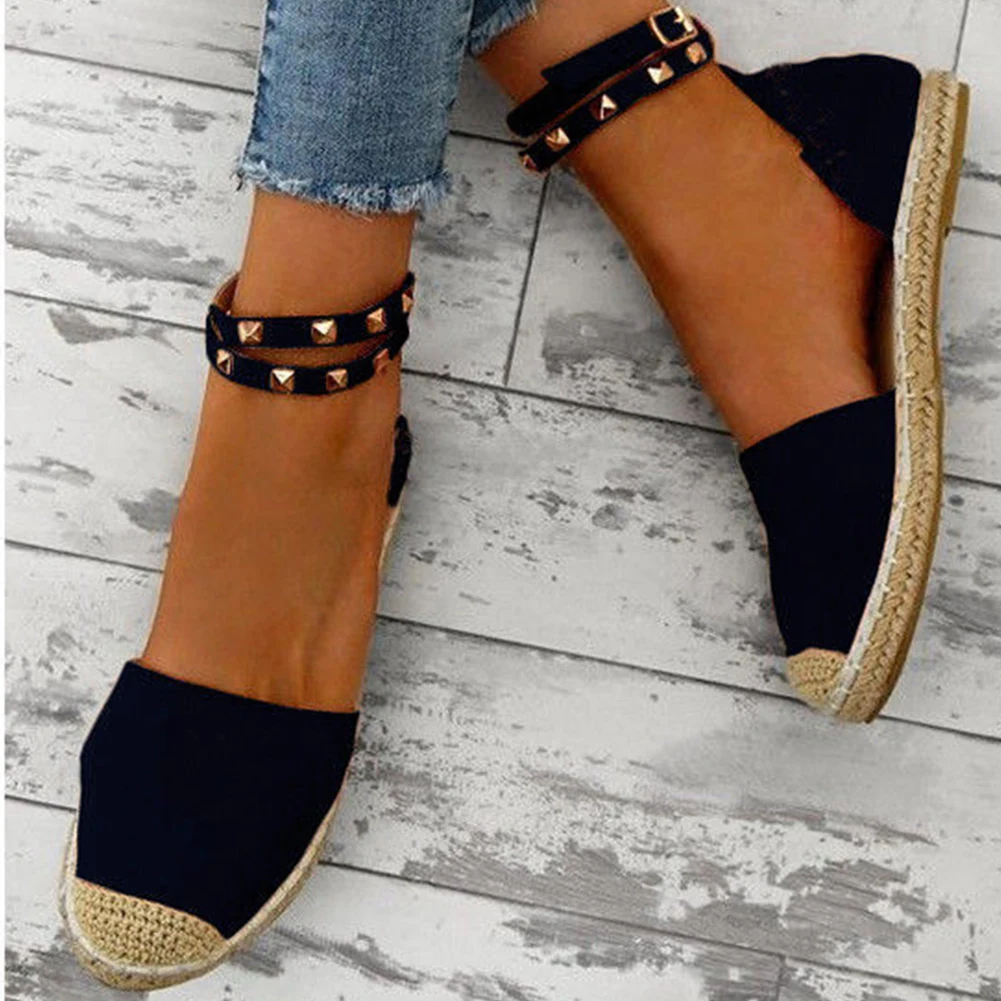 

Womens Ankle Strap 1 Pair Stud Fish Mouth Casual Flat Sandals Ladies Buckle Rivets Fabala
