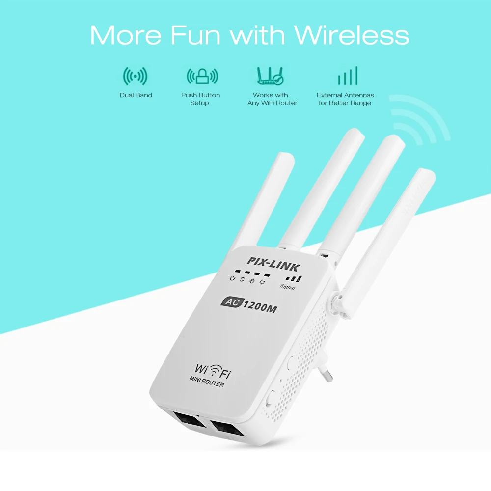 

PIXLINK AC1200 WIFI Repeater/Router/Access point AP Wireless Range Extender wifi signal amplifier with External Antennas