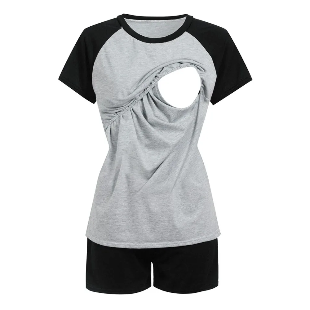 Новые удобные комплекты, повседневный простой стиль, 2 шт., женские для беременных с коротким рукавом, детские топы для кормления, футболка +