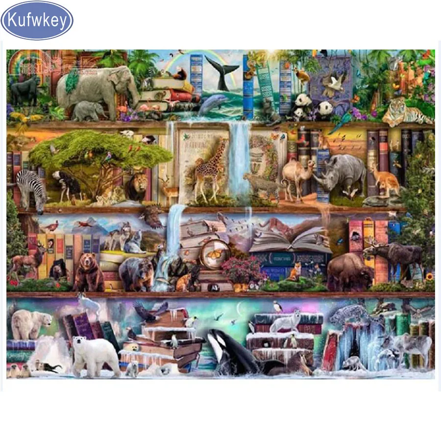 

Kufwkey bookcase Full Square 5D DIY Diamond Painting Crystal Diamond Embroidery 3d Cross Stitch Animals World Needlework Decor