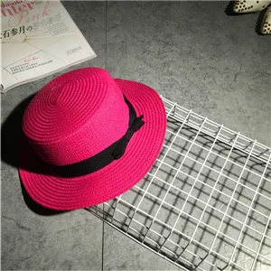 Новые дам Женщины Классический винтажный стиль ровной соломенная шляпа летние пляжные Fedora Шляпа Панама Брим крышка капота с бантом ремень - Цвет: hot pink