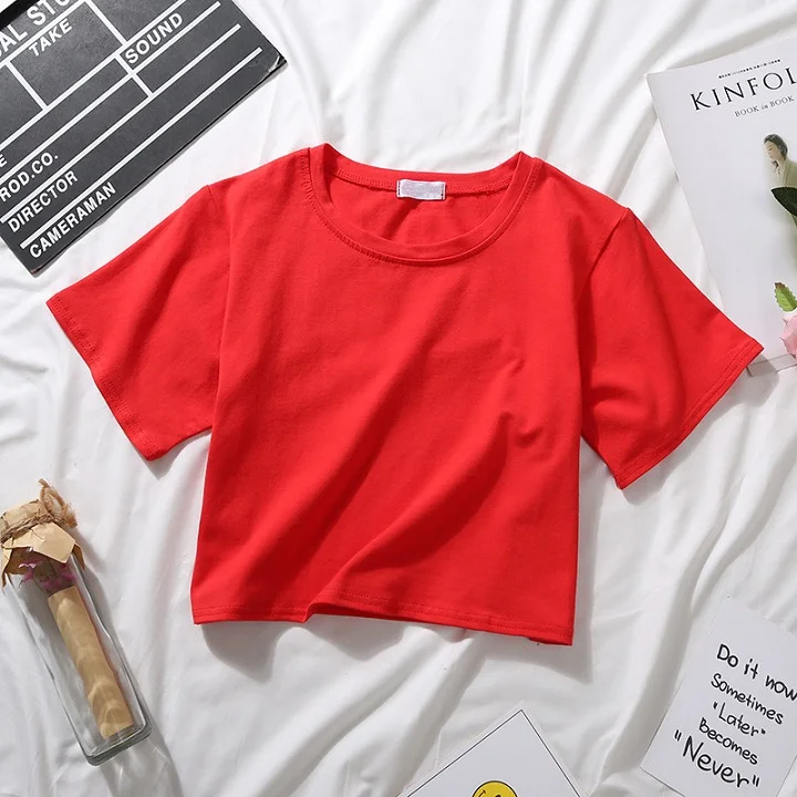 10 цветов, летний сексуальный укороченный топ с круглым вырезом, женская футболка с коротким рукавом, футболка, черная, белая, короткая футболка, базовые Стрейчевые футболки, поясничные - Цвет: Красный