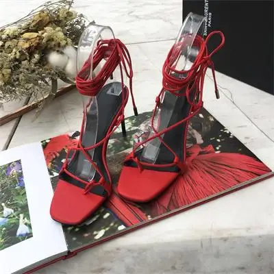 Популярные летние босоножки на шнуровке обувь из натуральной кожи женские пикантные Модные Классические босоножки на высоком тонком каблуке новые сандалии с перекрестной шнуровкой - Цвет: As Pic