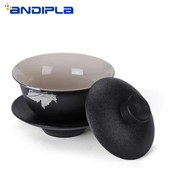 

100cc Black Zen Coarse Pottery Gaiwan Boutique Handmade Inlaid Tin Maple Leaf Teapot Master Cup Lid Bowl 210g Luzhou Tieguanyin