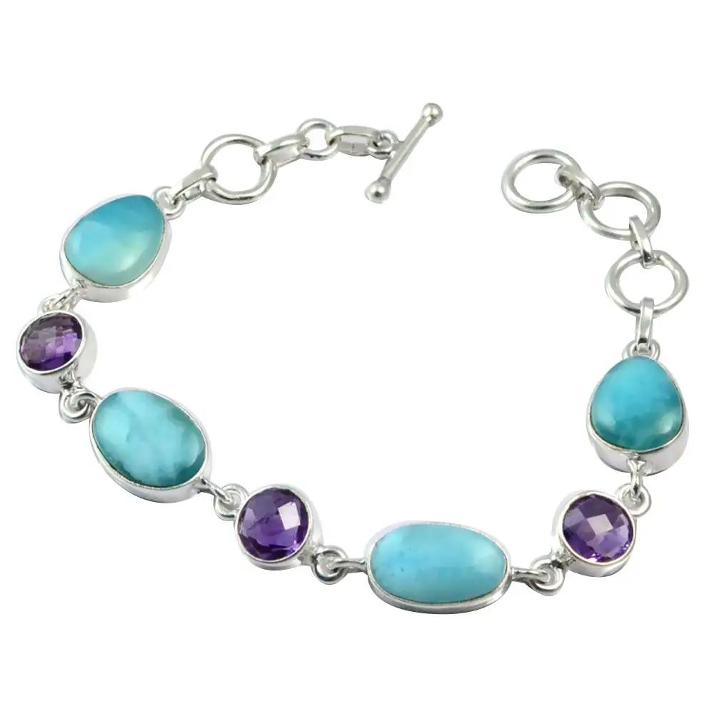 

Genuine Larimar + Amethyst Bracelet 925 Sterling Silver, 19.5 cm, MHBB0144