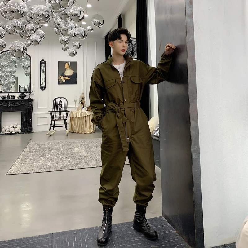 

MIXCUBIC 2019 spring England style retro Epaulette Rompers beam pants men casual loose Jumpsuit Pants men Beam trouser,M-XXL