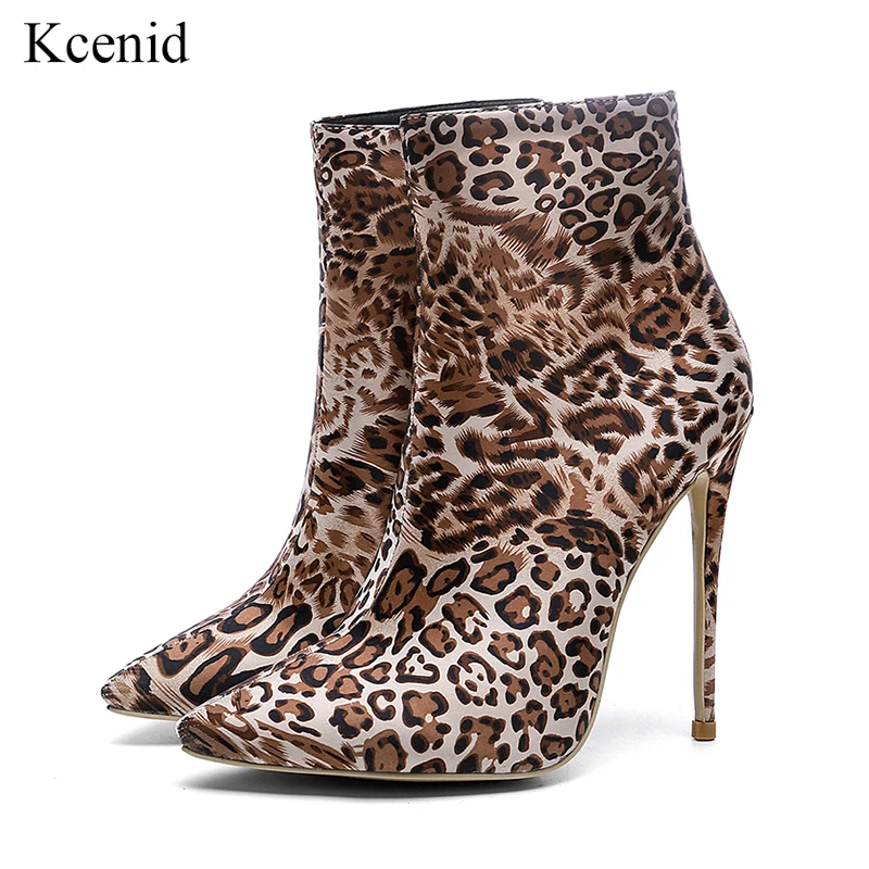 

Kcenid 2018 New women ankle boots sexy high heels point toe leopard winter shoes side zipper botas mujer stiletto big size 33-43