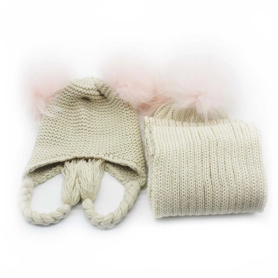 Детский набор шапки и шарфа для мальчиков и девочек, От 1 до 3 лет, популярные помпоны, косичка, зимние теплые шапочки - Цвет: Creamy white3