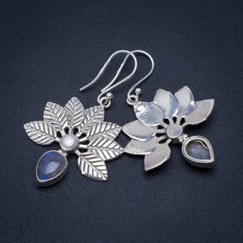 

Natural Blue Fire Labradorite and River Pearl Handmade Unique 925 Sterling Silver Earrings 2" AU0141