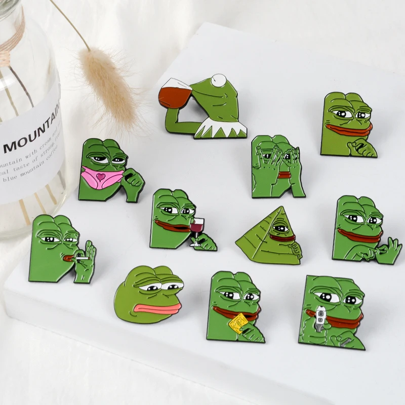 Мультфильм kermit Pepe коллекция Sad Frog Thinking Dringking meme Pin Back значки броши на ощупь плохой человек на ощупь хороший человек