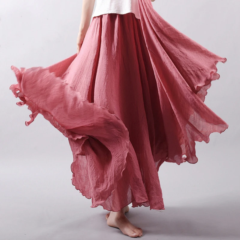 

2017 Women Solid Color Elegant Cotton Linen Elastic Waist Big Swing Pleated Maxi Skirt Casual Beach Loose Skirts Female Bottoms