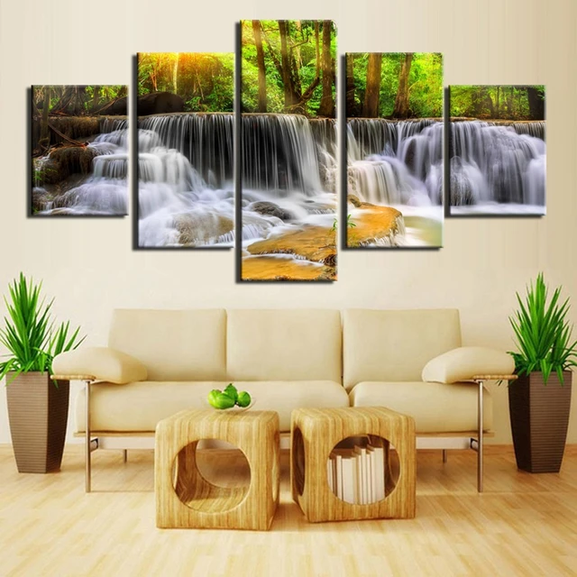 Peaceful Waterfall Modern 5 Piece Canvas Art Nature Painting Wall Art