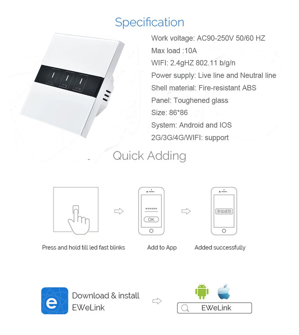 ЕС стандартный eWelink Приложение 1 2 3 банда Wifi переключатель управления через Android IOS, беспроводной светильник управления Сенсорный настенный переключатель для умного дома
