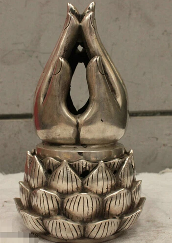 

Fast shipping Chinese Folk Culture HandMade Silver Bronze statue Buddha hand incense burner