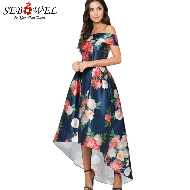 

SEBOWEL Sexy Navy Satin Floral Off Shoulder Party Dress Women Elegant Long Maxi Party Dress Floor Length Formal Evening Gown