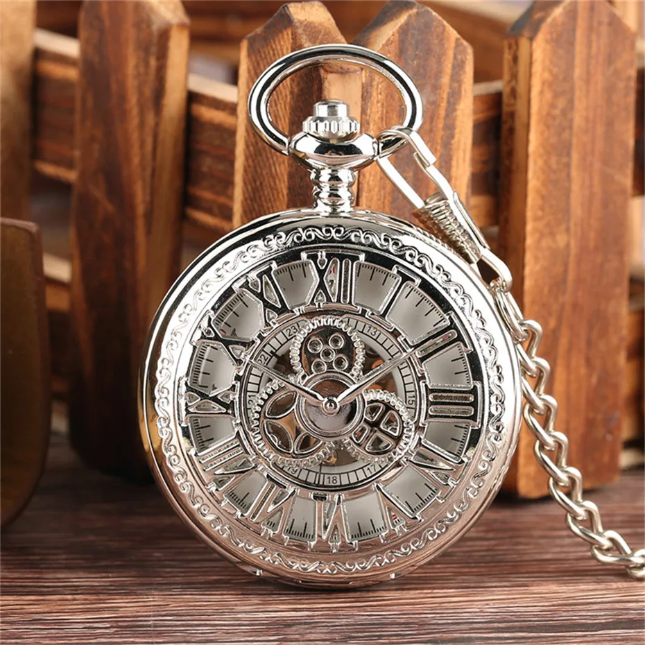 Silver Hollow Gear Roman Mechanical Pocket Watch Chain Classic Hand Winding Clock Roman Number Men Women Children Clock  (10)
