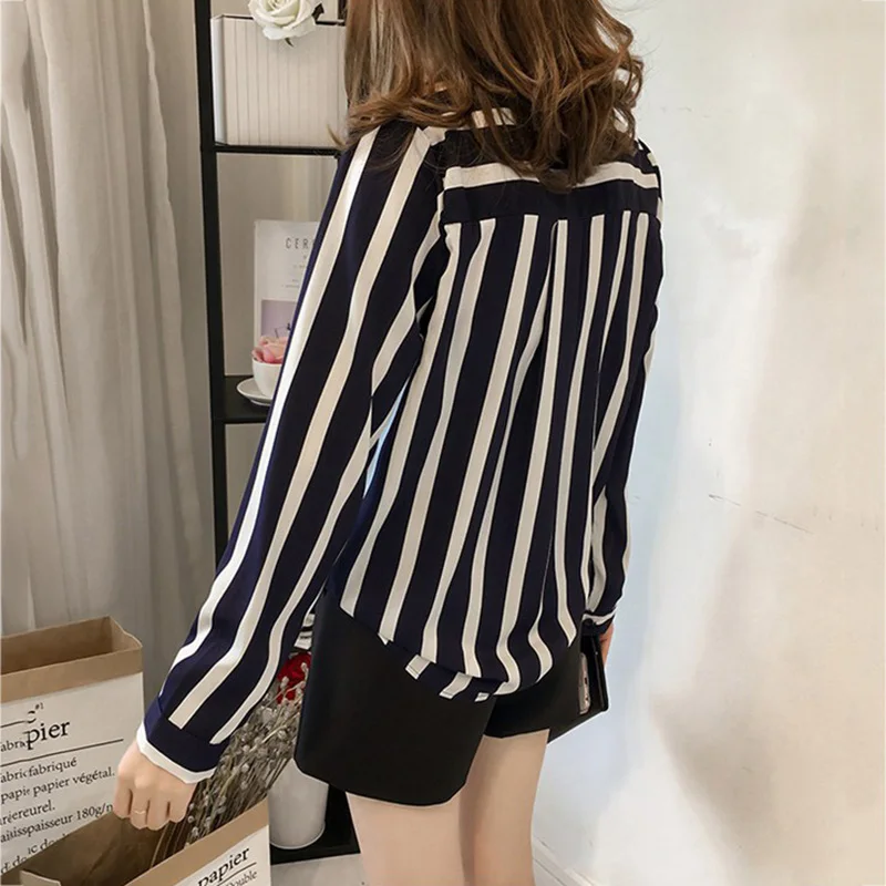 Женская рубашка шифон Blusas полосатый топ с v образным вырезом длинным рукавом