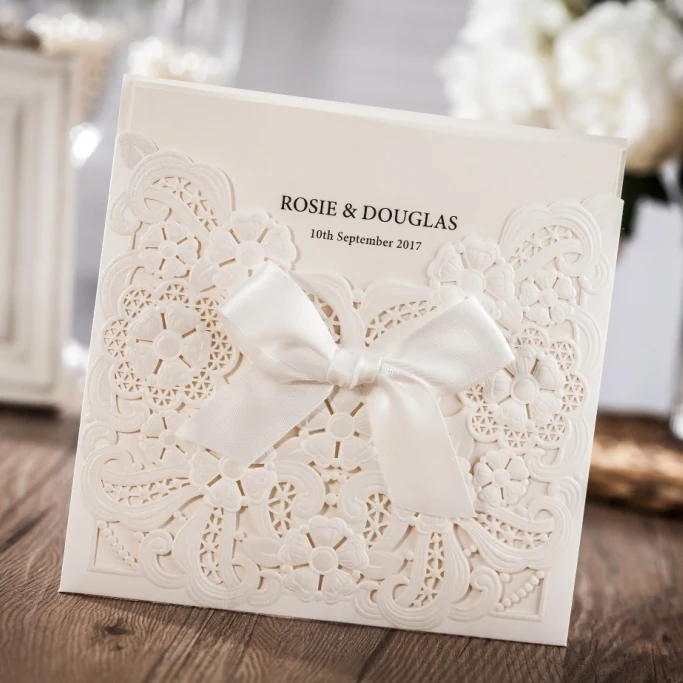 Cheap Wedding Invitation Card With Laser Cut Embossed Floral And Bow
