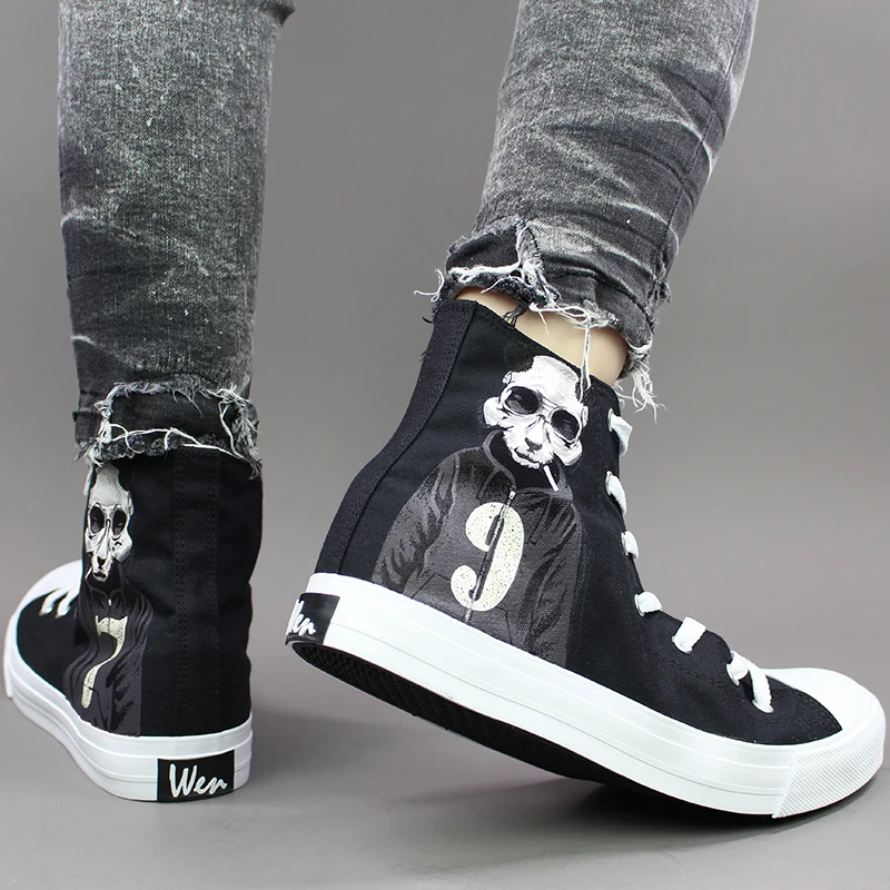 Wen Hand Painted Shoes Panda Skull Smoke Sweater Numbers 7 and 9 High Top Canvas Unisex Designs Black Sneakers Skateboard | Спорт и
