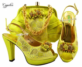 

Nice yellow with rhinestones design African high heel pumps shoes and handbag set for wedding/party MM1066