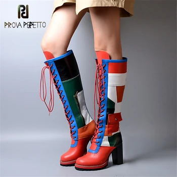 

Prova Perfetto Originality Mixed Color Cross-tied Genuine Leather Patchwork Knight Boots Thickness Bottom Chunky High Heel Boots