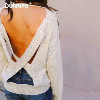 

Sexy Backless Criss-cross Jumpers Sweaters Women Batwing Sleeve Oversized Women Sweaters Pullovers Casual Loose Knit Pull Femme