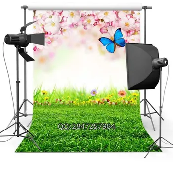 

Butterfly Pink Hanging Flowers Green Grass Scene backdrops Vinyl cloth High quality Computer print wall Backgrounds