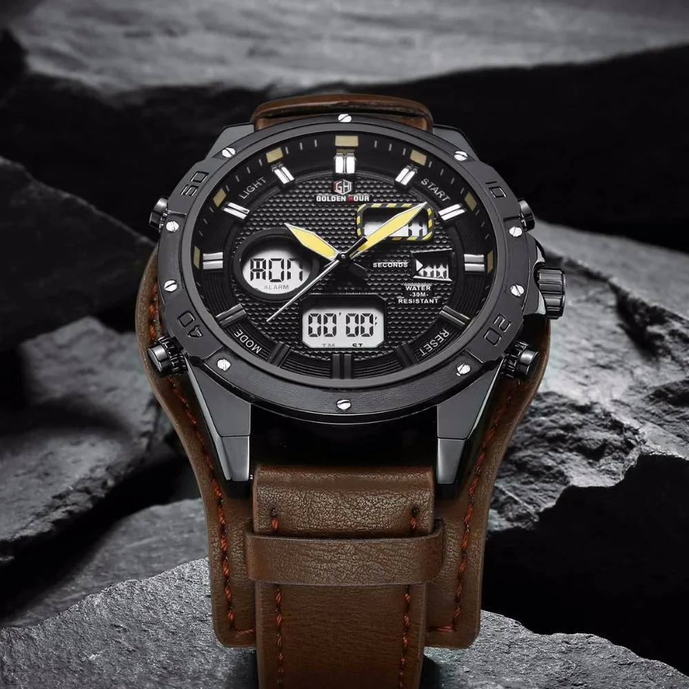 

GOLDENHOUR Luxury Brand Waterproof Military Sport Watches Men Leather Digital Quartz Analog Watch Clock Relogios Masculinos