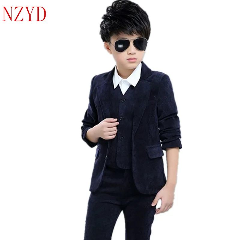 New Fashion Autumn Boy Clothes Long Sleeve Vest Lapel Pants Suit Pure