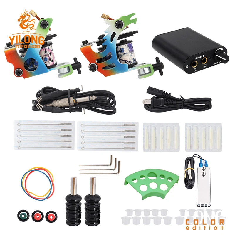 Kopen Compleet Tattoo Machine Kit Set 2 Coils Guns Pigment Sets Power Tattoo Beginner Grips Kits Permanente Make Up