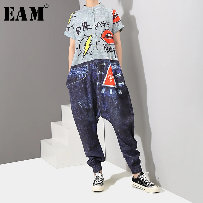 

[EAM] 2019 New Spring Autumn High Waist Pocket Stitch Button Pattern Printed Loose Pants Women Jumpsuit Fashion Tide JY936