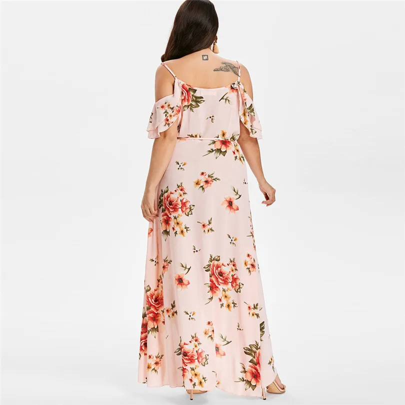   Plus Size Women Summer  Fashion  Casual Short Sleeve Cold Shoulder Boho Party Beach Flower Print Long Dress#4M11 (26)