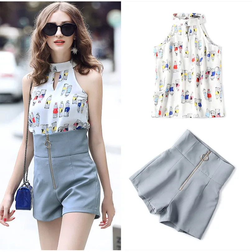 

Beautiful Women Summer Shorts Suit 2018 Print Bows Halter Neck Sleeveless Tops Blouse and Empire Slim Short Pants Suit NS651
