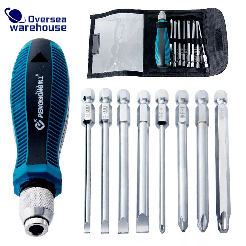 

9 in 1 Screwdriver Set Phillips & Slotted 1/4" Magnetic Hex Bit Rubber Handle With Bag