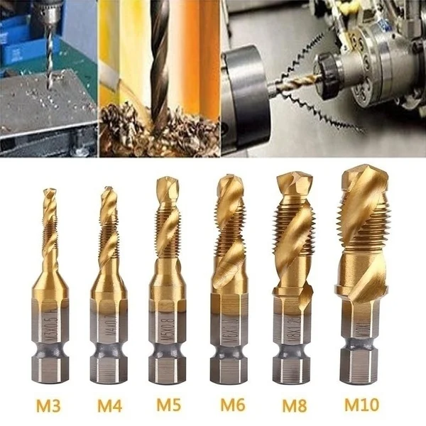 6 шт. 1/4 ''M3-M10 сверла с резьбой бит шестнадцатеричный хвостовик сверла с покрытием из быстрорежущей стали композитный кран Зенковка твист сверление металла