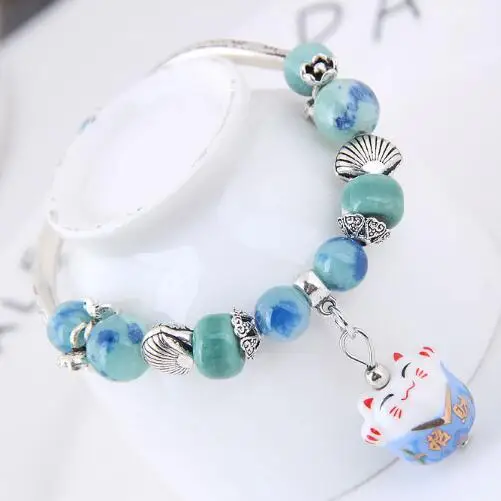 Сладкий браслет с керамическими бусинами счастливый кот браслет для женщин античный из сплава серебряного цвета