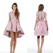2017 langen Ärmeln Hoch Niedrig Cocktailkleider Spitze Applique v-ausschnitt Graduation Dresses