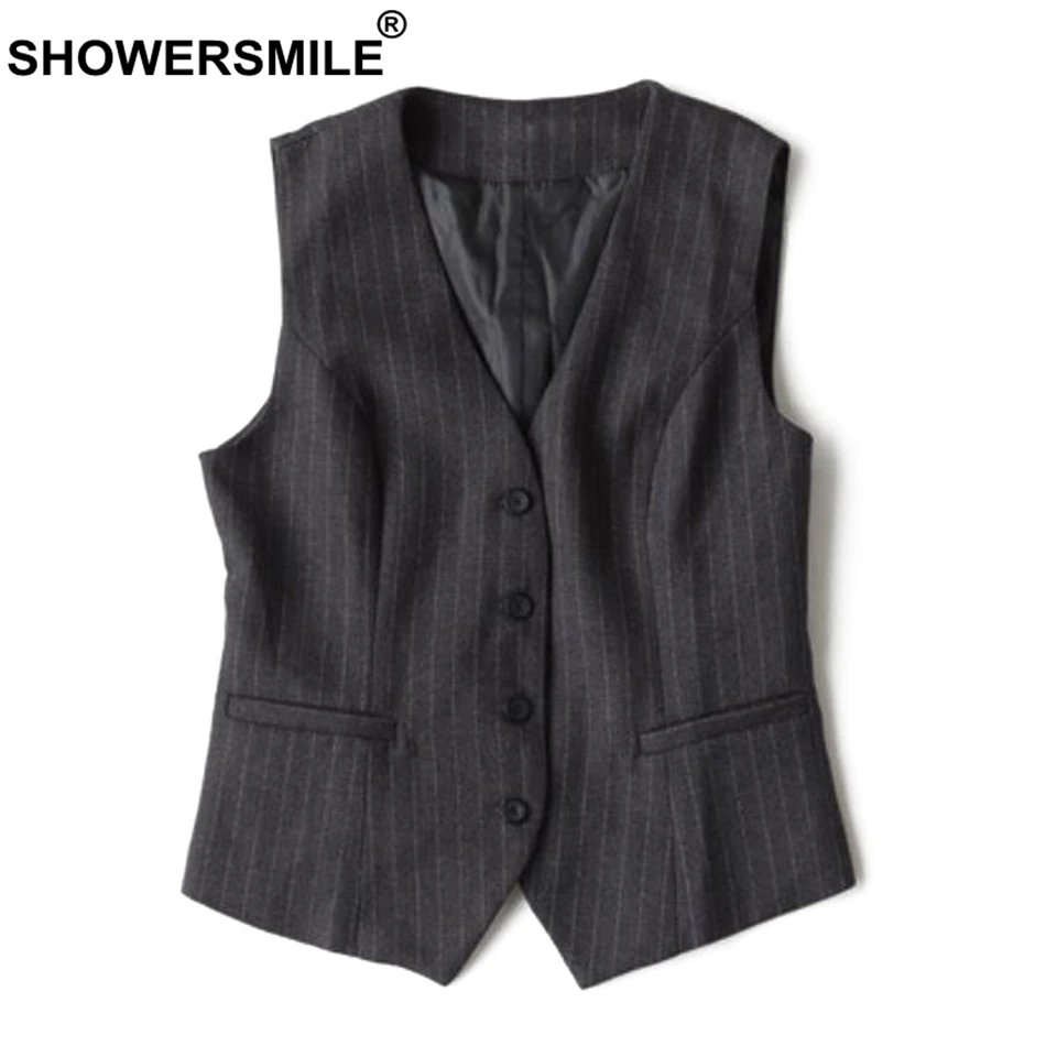 

SHOWERSMILE Women Grey Vest 2019 Plus Size Striped Short Waistcoat Ladies Spring Autumn Slim Fit Sleeveless Jacket Classic Vests