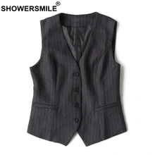SHOWERSMILE Women Grey Vest 2019 Plus Size Striped Short Waistcoat Ladies Spring Autumn Slim Fit Sleeveless Jacket Classic Vests