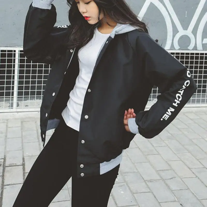 Lusumily, куртка-бомбер, женская, повседневная, с капюшоном, свободная, куртка для студентов, Harajuku, пальто, большие размеры, пальто, Женская Базовая куртка, ветровка - Цвет: Black