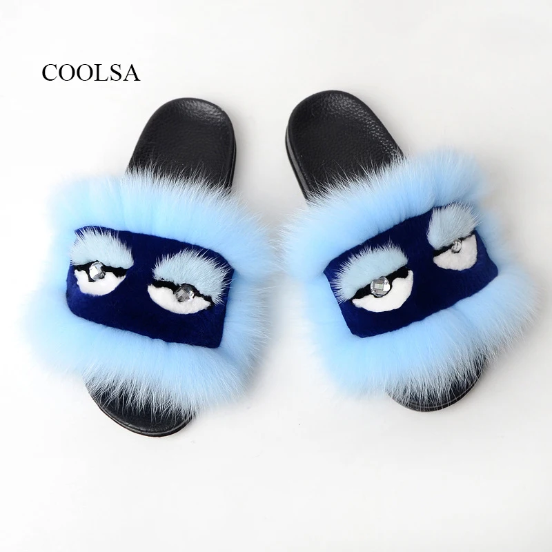 

COOLSA New Ladies Little Monster Fox Fur Slippers Casual Fluffy Plush Slides Travel Soft PVC Flat Flip Flops Warm Furry Sandals