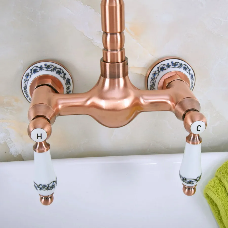 Antique Red Copper Brass Wall Mounted Bathroom Kitchen Sink Faucet Swivel Spout Mixer Tap Dual Ceramics Handles Levers anf954
