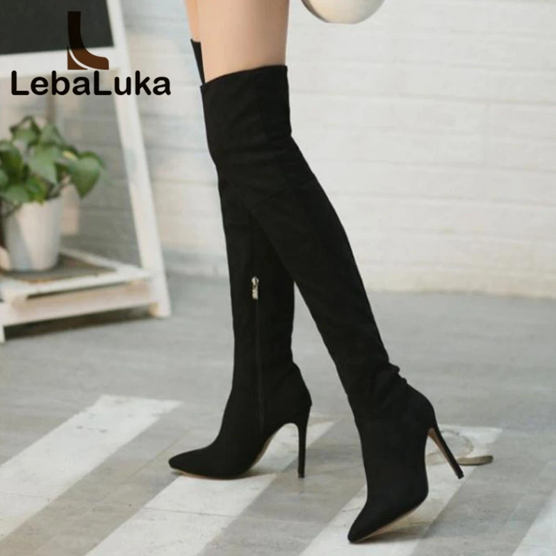 

Tuyoki Women Over The Knee High Boots Winter Boots Women Shoes Flock Sexy Thin High Heel Fashion Women Boots Big Size 32-46