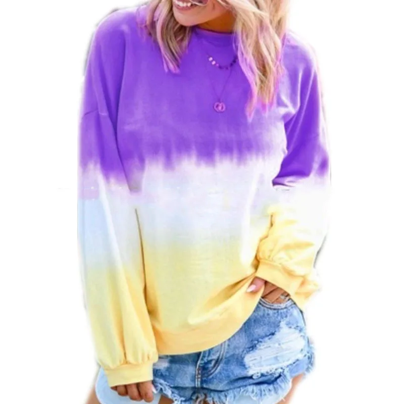 

Women's tops Casual Round Neck Long Sleeve Rainbow Gradient Print Sweater hot new Tops