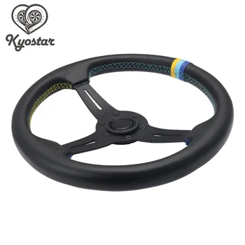 

Universal Aluminum Spoke 350mm Car Steering Wheel Deep Corn Gumetal Black Leather Green Blue & Yellow Stitching With Logo