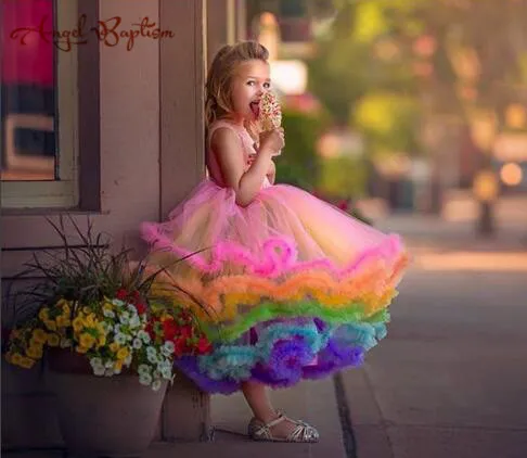 Милое Радужное платье с цветочным узором для девочек; блестящее Пышное Платье с оборками для малышей; пышные Детские Вечерние наряды для первого дня рождения
